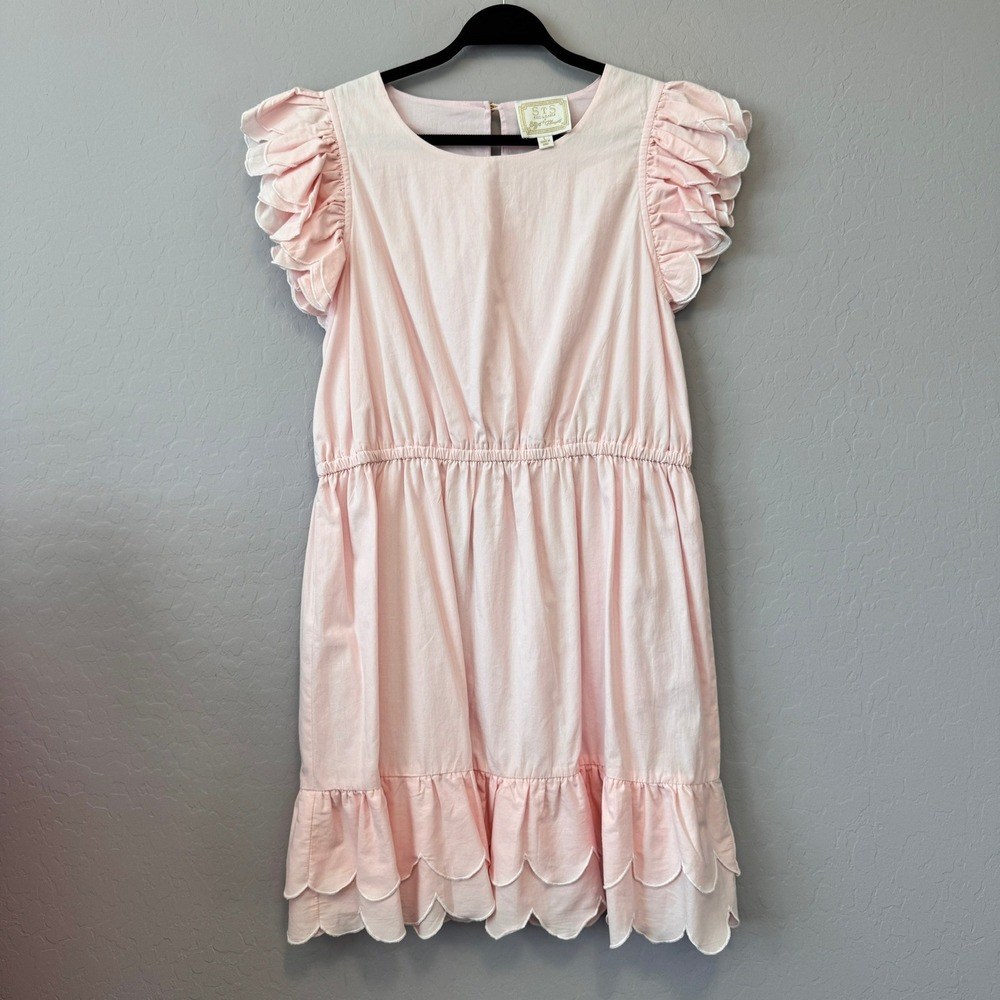 Sail to Sable Large Mini Dress Pink Cap Sleeve Scalloped Ruffle Elastic Waist
